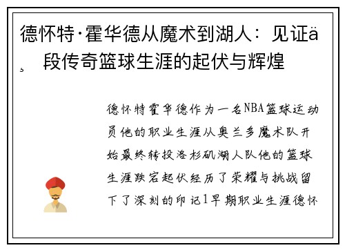 德怀特·霍华德从魔术到湖人：见证一段传奇篮球生涯的起伏与辉煌