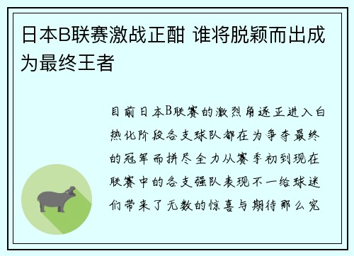 日本B联赛激战正酣 谁将脱颖而出成为最终王者