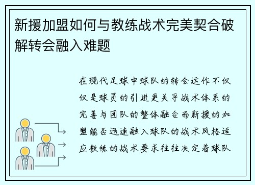 新援加盟如何与教练战术完美契合破解转会融入难题